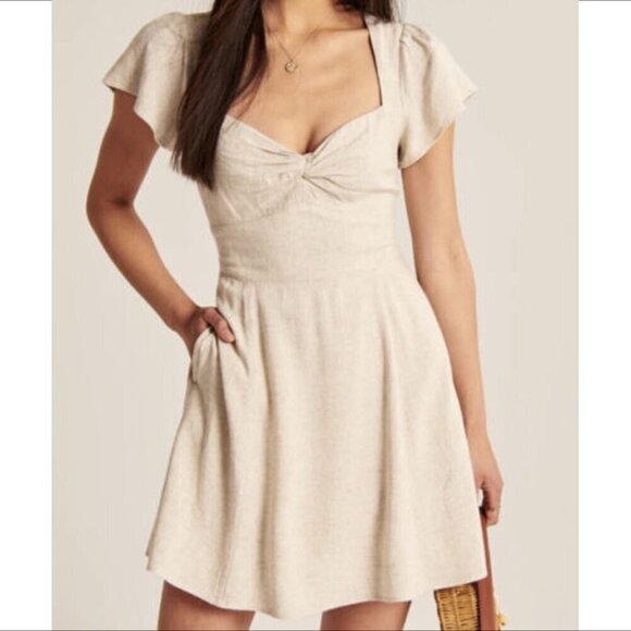 Abercrombie & Fitch twist front linen blend shift mini dress tan fit flare Small - Picture 1 of 5